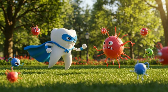 Super hero tooth character fighting against cartoon bacteria and virus on green grass. Oral health and dental care concept for kids.