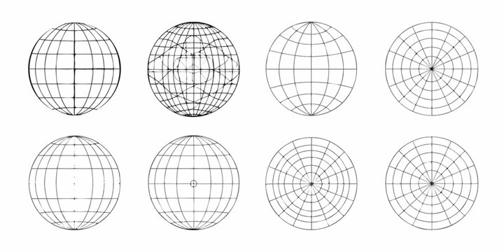 Geometric sphere representations with varying grid lines and perspectives