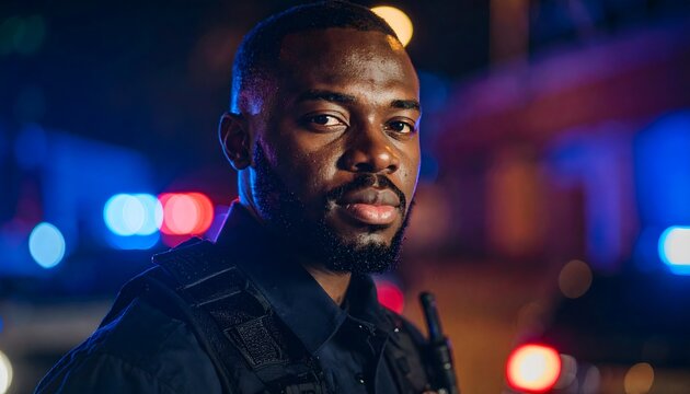 Agente de polic&iacute;a afrodescendiente con chaleco t&aacute;ctico en patrulla nocturna urbana