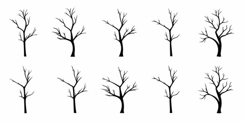 Collection of silhouetted bare tree branches and twigs in varying shapes