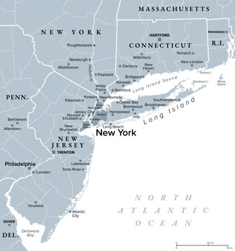 New York metropolitan area, gray political map. Greater New York or Tri-State area, comprising New York City, North and Central New Jersey, Hudson Valley, and Southwestern Connecticut. Vector