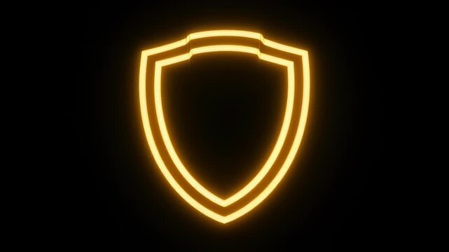 Neon glowing shield icon with bright yellow outline on dark background.