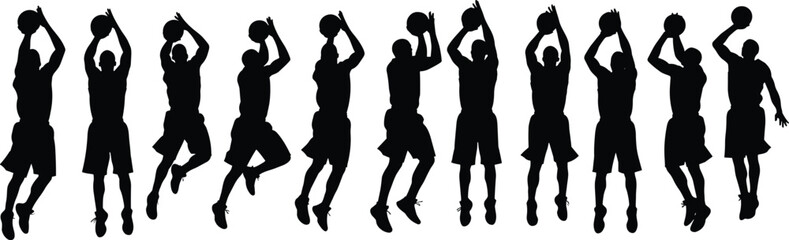 Vector, Illustration, Set, of, Basketball, Player, Silhouettes, Performing, Jump, Shots, for, Sports, Fitness, Competition, Slam, Dunk, Game, Identity, Branding, and, Graphic, Design, Projects © Ariful