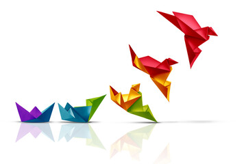 Success Development Plan as a Personal skill training Concept and growth strategy or corporate model innovation as a motivational metaphor for growing success from simple to complex as origami boats.