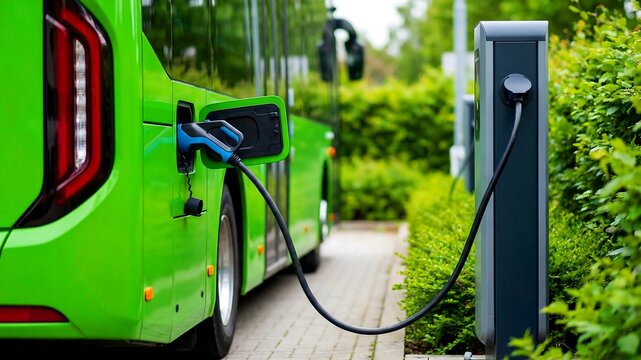 A vibrant lime green electric public transit bus is clearly connected to a modern charging station for sustainable urban transportation infrastructure development.