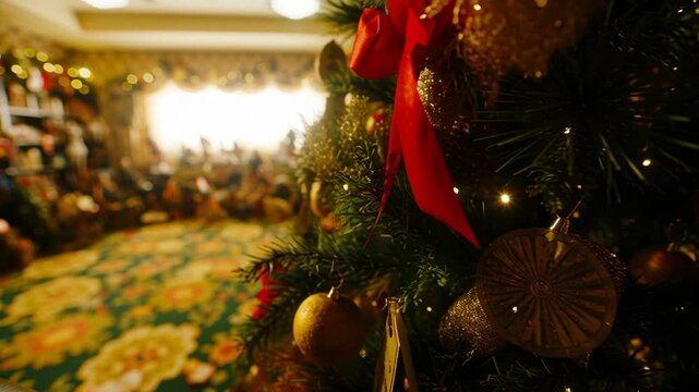 Living Room Decor Featuring Kumquat Trees and Festive Chinese New Year Decorations with Red Ribbons and Gold Ornaments