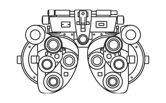 Optometry equipment theme featuring a phoropter machine used for eye examinations in technical line drawing style.