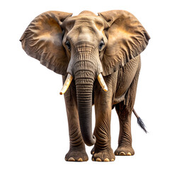 Fototapeta premium A large wild African elephant with a huge trunk and ivory tusks stands as an isolated mammal against a white background for a safari wildlife nature concept