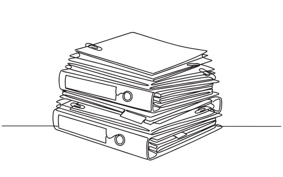 Stack of office ring binders and file folders featuring paper clips in minimalist continuous line art style.
