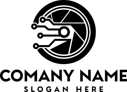 A black and white logo featuring a camera aperture integrated with circuit board elements and text