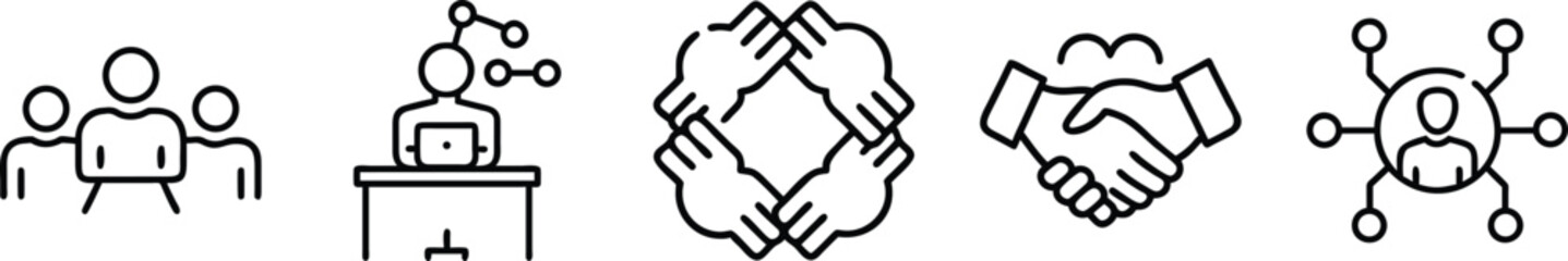 Obraz premium Business Teamwork and Partnership Icons: Clean Line Art for Office Collaboration, Agreement, and Unified Professional Network transparent background