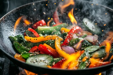 selective focus stir fry ingredients flying in wok over flame