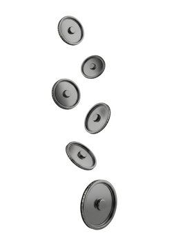 Five circular objects arranged vertically with varying shades of gray, appearing to be floating, isolated on transparent background