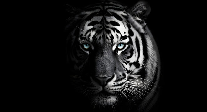 A fierce white tiger head vector portrait captures the dangerous feline's striped face and blue eyes, showcasing the majestic siberian predator in a striking wildlife animal illustration
