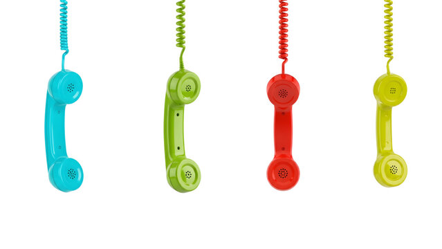 Four colorful vintage telephone receivers with coiled cords, blue, green, red, yellow, hanging isolated on white, Gen By Ai