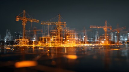 Long exposure shot of illuminated construction cranes and buildings reflecting on water at night, showcasing urban development and industrial progress.