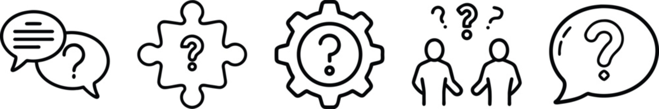 Set of five vector icons representing questions, puzzle, gear, people and communication in a clean outline style. transparent background