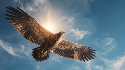 Fototapeta premium Majestic Golden Eagle Soaring High in a Bright Blue Sky with Sun Flare.
