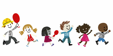 A line of diverse children playfully walking and enjoying their day