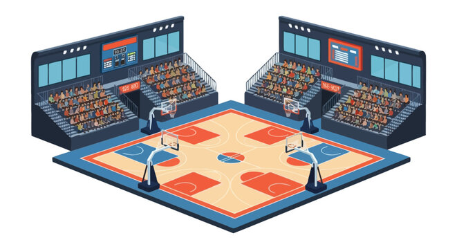 Isometric illustration of a basketball arena with cheering crowds two hoops and a court on transparent background silhouette high quality professional