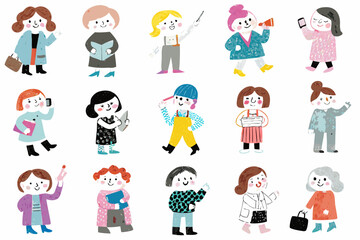 Naklejka premium Diverse group of illustrated women engaging in various activities and professions