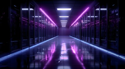 Fototapeta premium Futuristic Server Room with Neon Lights and Data Racks.