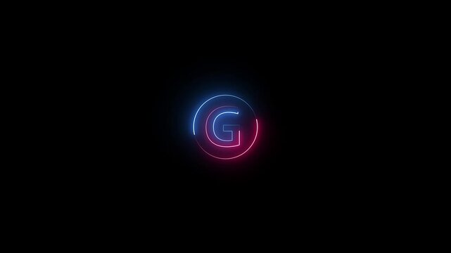 Glowing neon capital letter with alphabet text G and neon circle animation . Glowing Neon Letter G Animation on Black Background. Futuristic neon Font text Animation.