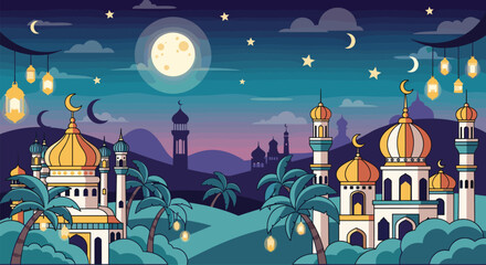 Vector illustration of colorful geometric mosaic crescent moon, Ramadan Mubarak calligraphy, star decoration, modern Islamic pattern, white background, greeting card. © SUMAIYA