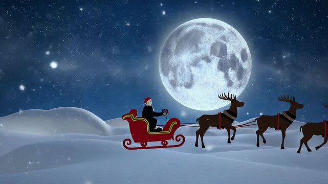 Animated 4K Christmas night scene, deep blue sky with moon and drifting clouds, Santa Claus 