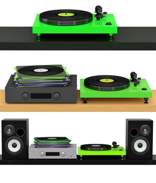 Stylish turntables with vinyl records, stereo receiver, speakers on shelf, minimalist audio setup concept on white background