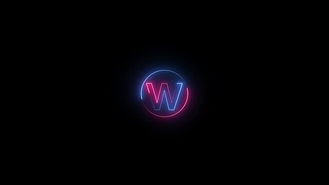 Glowing neon capital letter with alphabet text W and neon circle animation . Glowing Neon Letter W Animation on Black Background. Futuristic neon Font text Animation.