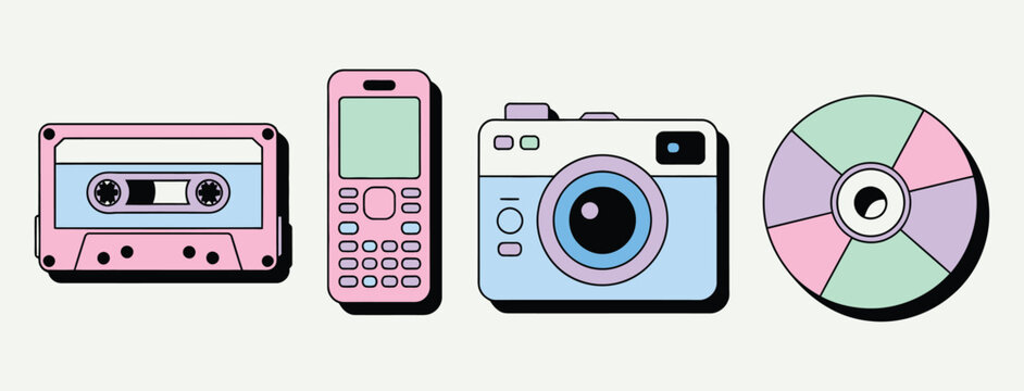 Pastel retro tech pack illustration with cassette, flip phone, camera, and CD on white background