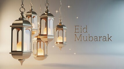 Obraz premium Elegant Eid Mubarak celebration background with hanging lantern lights in modern minimal Islamic festive style