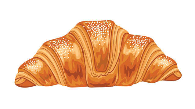 Delicious buttery croissant with a golden brown crust and a light dusting of sugar powder sits isolated on a white background for food themes.