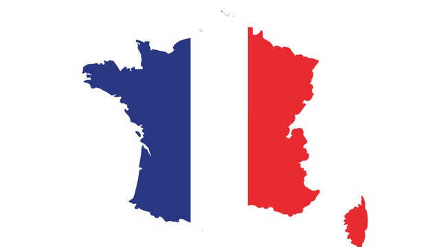 Silhouette of the map of france filled with the blue white and red colors of the national flag representing the country and its diverse regions.