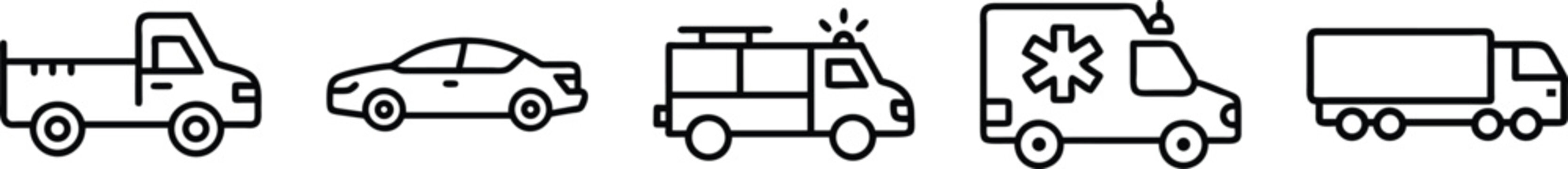 Vehicle icons for service and transport: pickup truck, car, fire truck, ambulance, and delivery truck transparent background