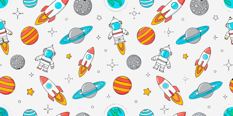 Colorful space pattern featuring rockets planets astronauts and twinkling stars © Rina