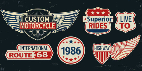 Vintage motorcycle emblems and badges with retro designs and classic typography © Rina