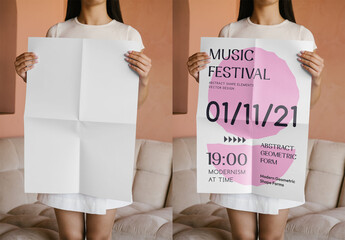 Mockup Of Woman Holding Customized Folded Poster