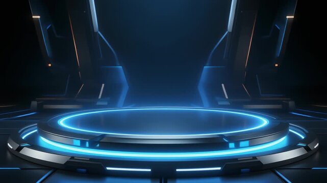 Futuristic sci-fi platform with glowing blue circular base, metallic angular structures, dark background, symbolizing teleportation hub or holographic stage.