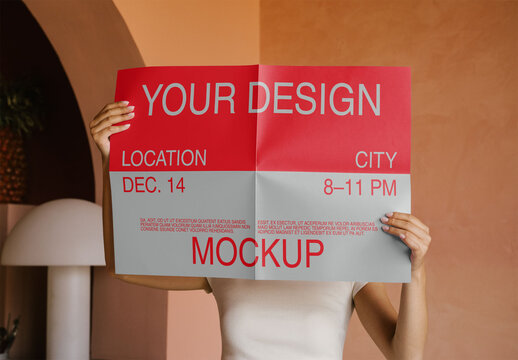 Mockup Of Woman With Customizable Horizontal Folded Poster