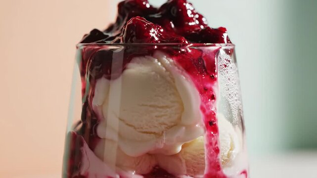 Creamy vanilla ice cream dessert topped with rich sweet dark berry compote dripping down glass