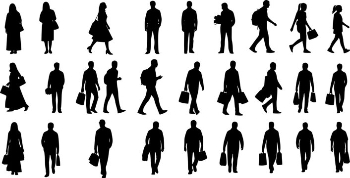 Silhouettes of people related to the theme of shopping. Vector illustration. Transparent background EPS version.