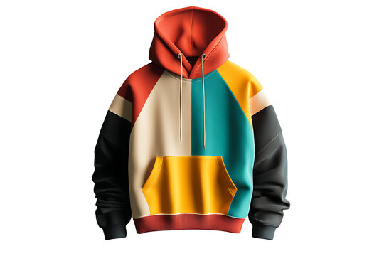 A vibrant multicolored hoodie with a unique patchwork design on a white background