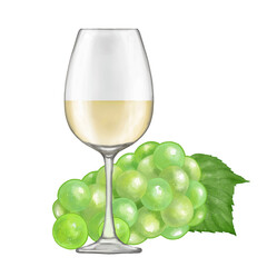 グラスに入った白ワインと葡萄。リアルタッチなイラスト