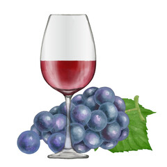 グラスに入った赤ワインと葡萄。リアルタッチなイラスト