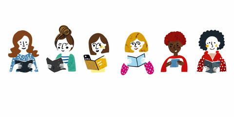 Diverse group of women reading books colorful illustration