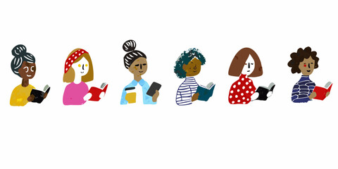 Obraz premium Diverse group of people reading books in a colorful illustration