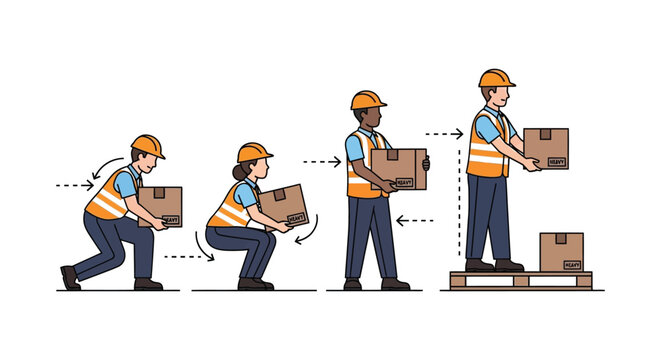 A sequence illustrating proper lifting techniques with workers and boxes on transparent background silhouette high quality professional detailed modern elegant stylish