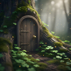 Whimsical fairy door nestled in ancient tree trunk with lush greenery and sparkling fireflies St. Patrick's Day